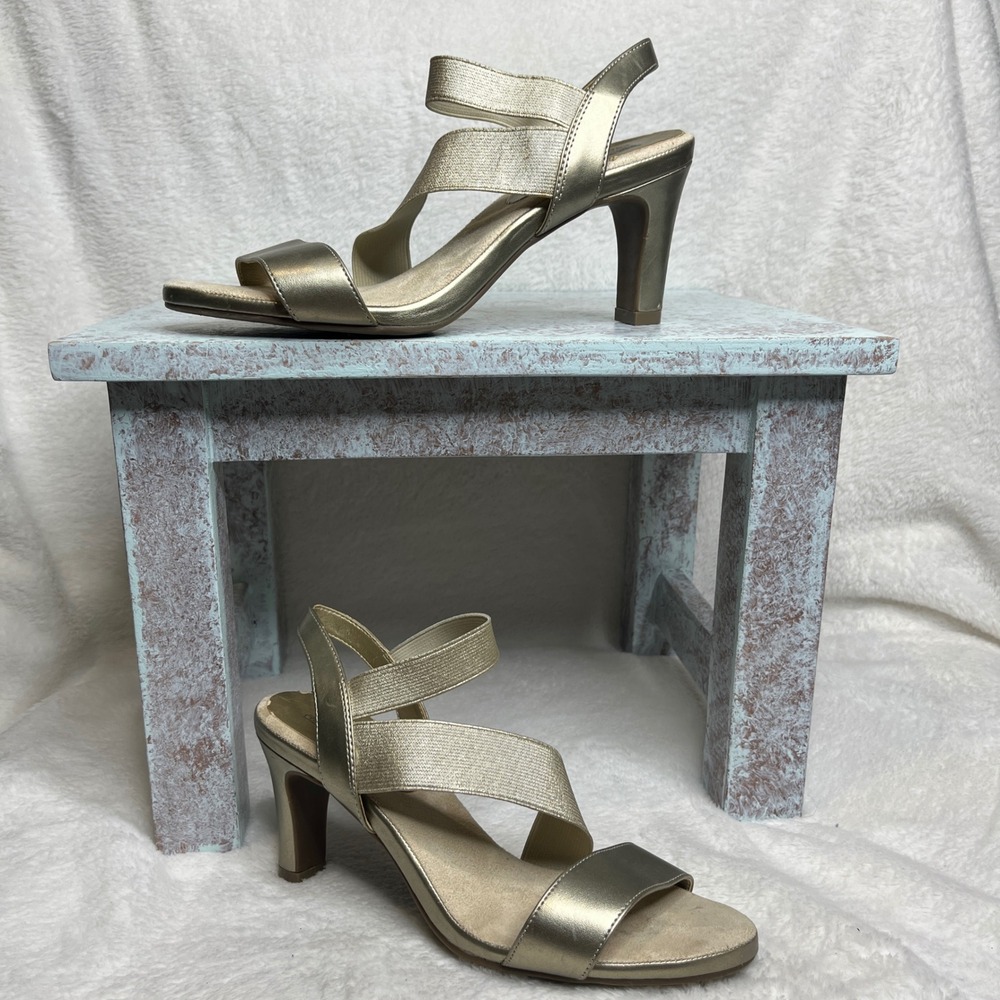 Coach and Four Women's Gold‎ Metallic Elastic Strap Heeled Sandals Size 7.5